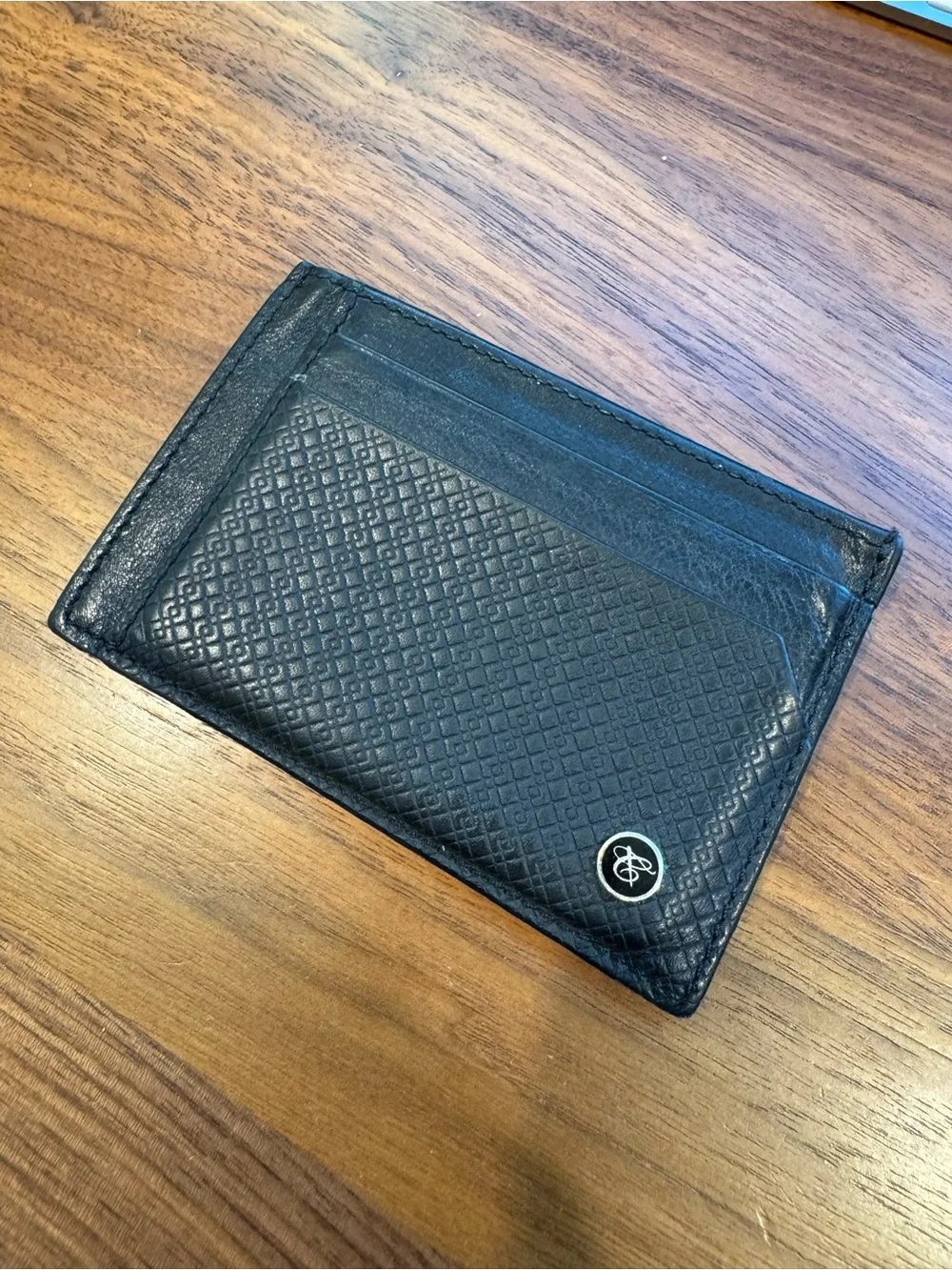 Canali Black Leather Card Holder with Embossed Pattern